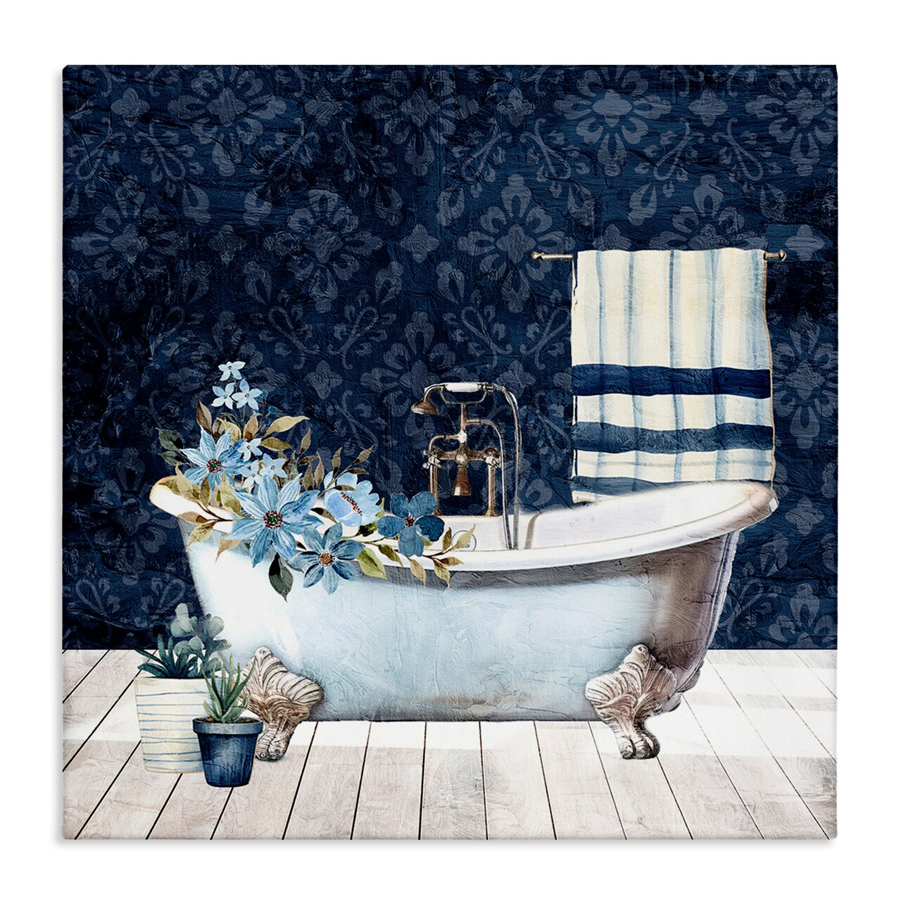 Stupell Industries Blue Damask Bathroom Canvas Wall Art Design by Kim Allen